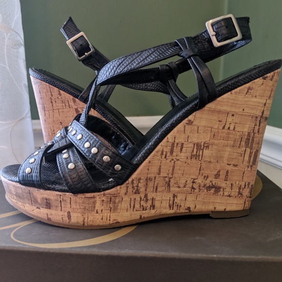 Enzo Angiolini Shoes - Enzo Angiolini Black Leather Cork Wedges 6
